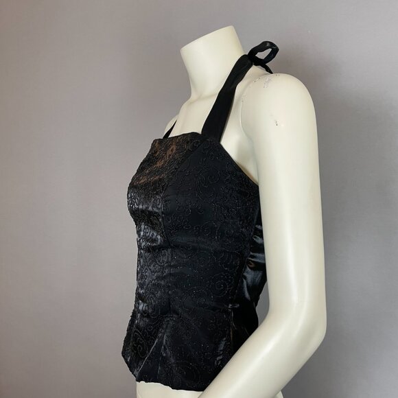 Vintage 90s Prom Halter Top‎ Beads Tie Black Zip-Up Flaws Princess Sleeveless - Picture 2 of 12